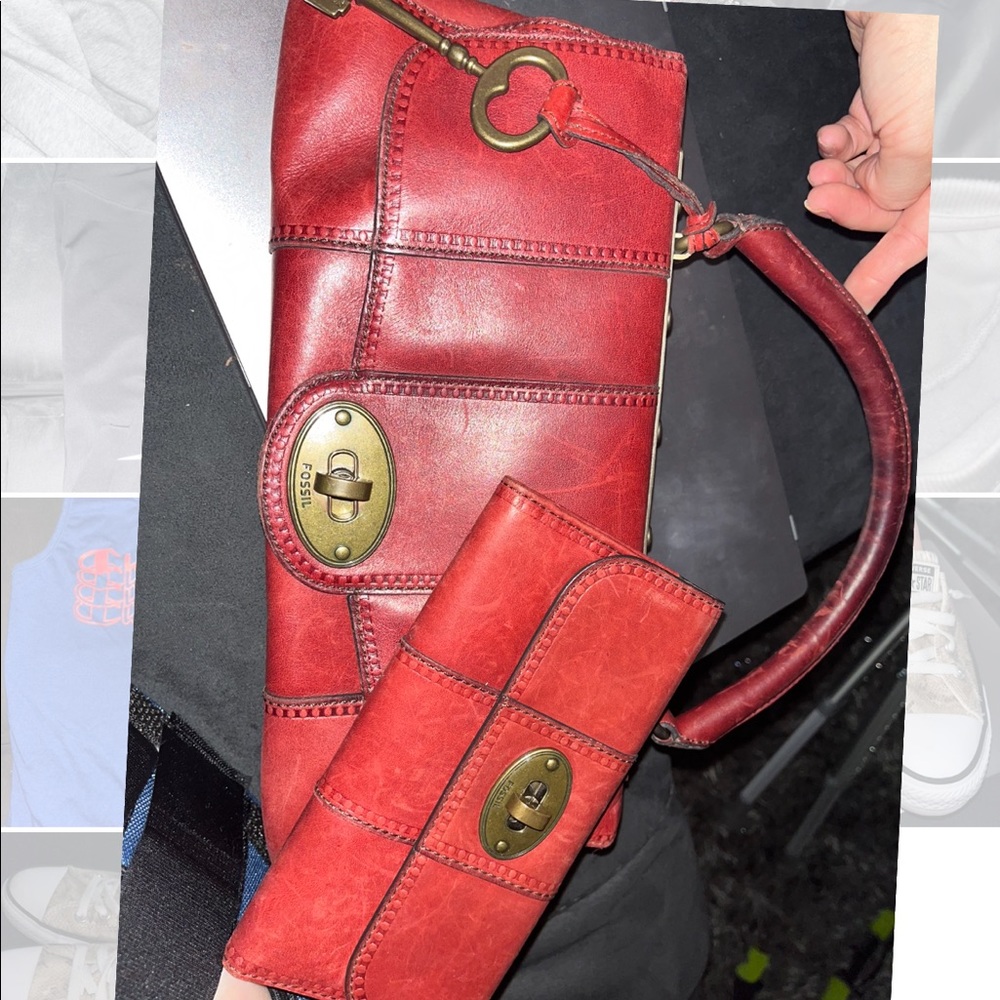 Red fossil leather bag and matching wallet